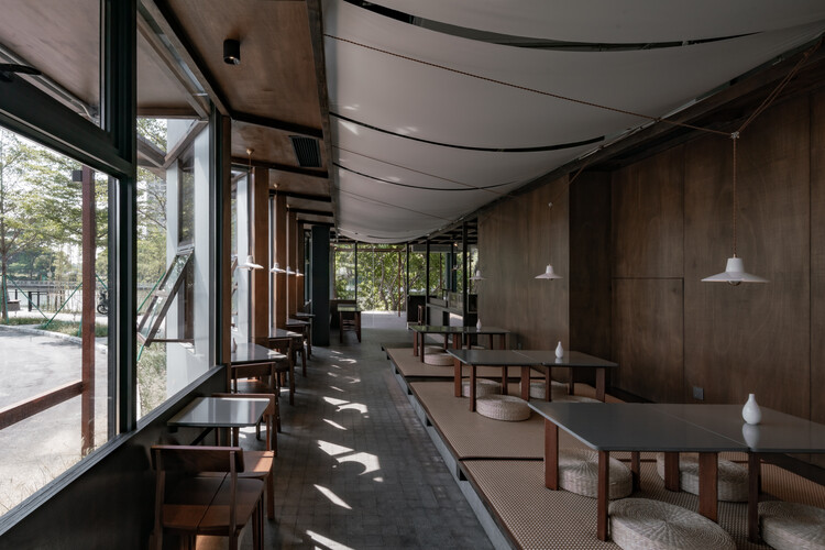 Wooden Pavilion by the River- FEI PATISSERIE / NEME Studio Architects - Interior Photography, Dining room, Table, Windows, Chair